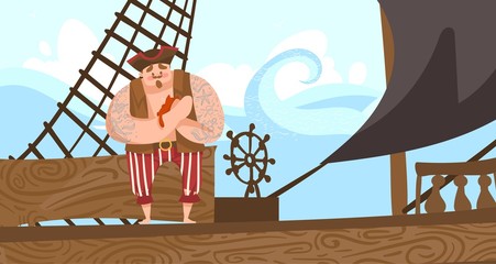 Pirate on boat, cheerful kid game, flat vector illustration. Design celebration, gift card, web banner, poster. Character pirate captain stay in wood yacht, steering wheel, steam, wave.