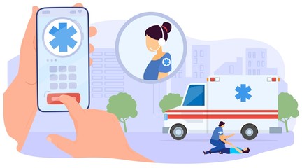 Ambulance, doctor help injured patient, flat vector illustration. Mobile app for hospital talk center, web banner, poster. 24 7 medical call center. Emergency car, background megapolis.