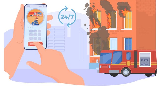 Firefight car, firefighters extinguish the house, flat vector illustration. Mobile app, talk center, web banner. 24 7 emergency service call center. Burning dwelling house, background of city.