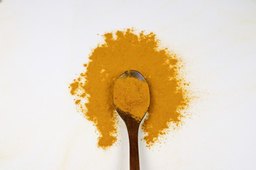 Turmeric powder in a wooden spoon isolated on a white background is an ingredient in turmeric foods and ingredients in skin care products. Turmeric helps the skin to be strong.