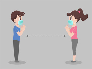 Thai Wai, Social Distancing, People keeping distance for infection risk and disease ,wearing a surgical protective Medical mask for prevent virus Covid-19. Health care concept.