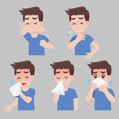 Fototapeta premium Set of man with different diseases symptoms - sneeze, snot, cough, fever, sick, ill, Cartoon character design. Health care concept.