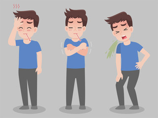 Fototapeta premium Set of man with different diseases symptoms - fever, sick, illness, vomit. Cartoon character design. Health care concept.