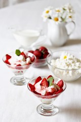 cheese cream. whipped curd cream with strawberries. Homemade cottage cheese is whipped with cream.  A useful dessert. life style