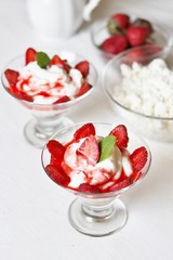 cheese cream. whipped curd cream with strawberries. Homemade cottage cheese is whipped with cream.  A useful dessert. life style