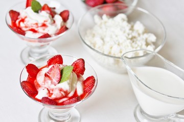 cheese cream. whipped curd cream with strawberries. Homemade cottage cheese is whipped with cream.  A useful dessert. life style