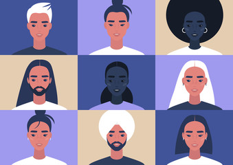 Conference call, shared screen, young characters portraits, community network