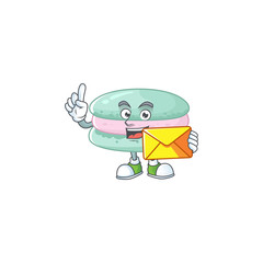 Cute face vanilla blue macarons mascot design holding an envelope