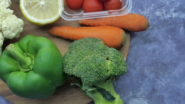 top vie of fresh vegetable on chopping board 