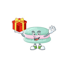 A mascot design style of vanilla blue macarons showing crazy face