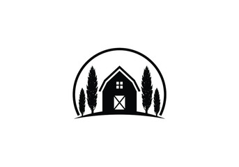 Obraz premium Farmhouse Silhouette Emblem with Trees a Timeless and Tranquil Rustic Design