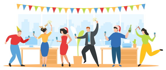 Christmas party in office vector illustration. Team of cartoon happy corporate people celebrate, group of flat man woman friends character dance, have fun on New Year holiday, Christmas celebration.