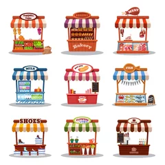 Deurstickers Stall street market vector illustrations. Food market kiosk with fastfood, streetfood, coffee milk or meat hotdog shop. Cartoon fruit vegetable stand, bakery, marketplace with shoes and flowers set © creativeteam