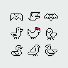 Bird character pixel art icons set, mosaic design, chicken, swan, bat, rooster, duck, bird isolated vector flat style illustration. Design for stickers, logo, embroidery and app. Video game assets.