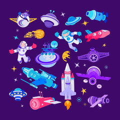 Cartoon space and spaceship vector illustrations. Comic spaceman smiling and waving, people in spacesuit, man and ufo alien in cosmos with shuttle, rocket. Colonization concept, colony on planet set © creativeteam
