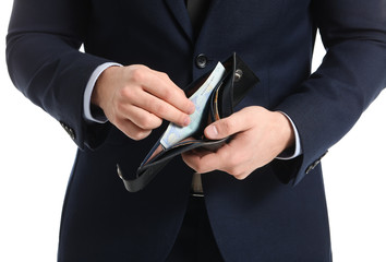 Businessman with purse on white background, closeup