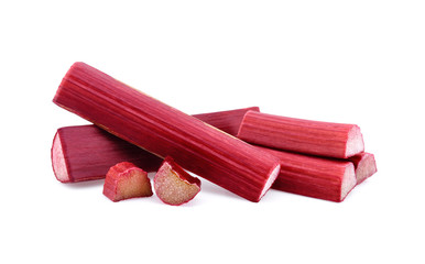 Rhubarb stalks on a white background