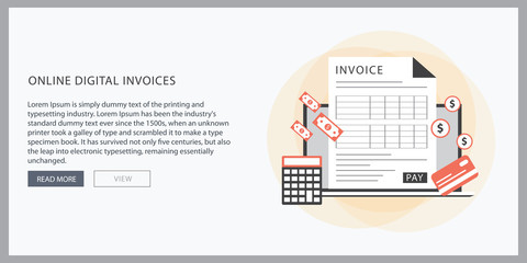 Online digital invoice laptop or notebook with bills,calculator and credit card, flat design
