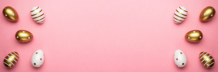 Easter basket with eggs isolated on pink. Greeting card trendy design. for you poster or flyer