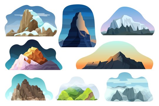 Mountain hill landscape vector illustration set. Cartoon flat nature high rock, hillside, multicolored rocky peak with clouds collection. Extreme snowy mountainous scenery icons isolated on white