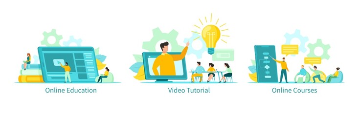 Online education vector illustration, learning people students with tutorials, courses set. Educational programs remotely by internet using computer, phone, tablet. Video lectures, online school - obrazy, fototapety, plakaty