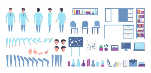 Scientist animation constructor vector illustration. Male body parts diy kit, science laboratory furniture, equipment set collection isolated. Chemical formulas, microscope, flasks, computers books.