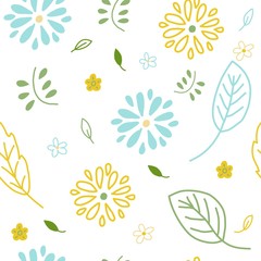 Seamless floral leaf vector pattern. Cute mint yellow green flowers and branches for wallpaper textile fabric designs. Elegant vector illustrations in hand drawn style.