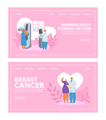 Breast cancer people awareness with female doctor checks up patient woman, mammological consultation banners set vector illustration. Breast cancer desease medicine fight symbols.