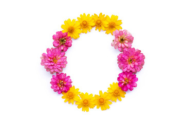 Circle of fresh flowers on white background. Top view, copy space for text. Flat lay.