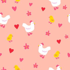 Fototapeta na wymiar Seamless chicken chick vector pattern. Cute farm animal pattern with heart and flower for wallpaper textile fabric designs. Orange vector illustrations in hand drawn style.
