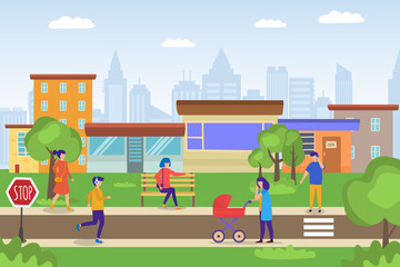 Casual people walking in eco green cityscape, mother with baby carriage, young man jogging, woman cartoon vector illustration. Man and woman in casual cloths in ecologically clean city.