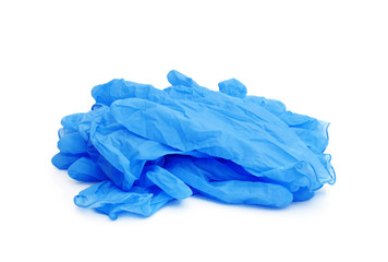 heap of blue medical gloves isolated on white background