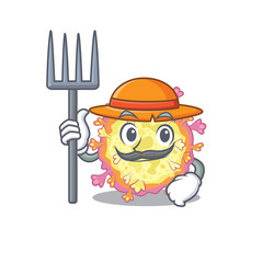 Fototapeta premium Coronaviridae virus in Farmer cartoon character with hat and pitchfork