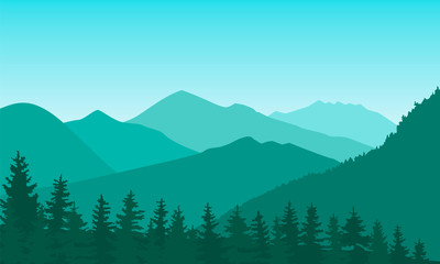 Fototapeta na wymiar Vector illustration of a mountain landscape with a forest. Flat cartoon green color illustration for hike, track, camp. Outdoor and hiking concept. Template with mountains and trees silhouette.