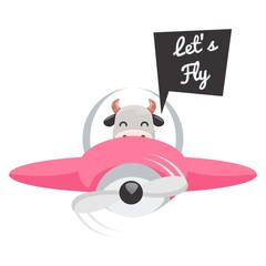 cow flying with the plane cartoon vector