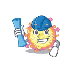 Smiling Architect of coronaviridae virus having blue prints and blue helmet