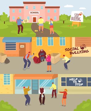 School children bullying vector illustration set. Cartoon angry teenagers mocking sad girl, homeless boy and old man, flat teen taking photos on smartphone. Mockery social problem, stop conflict bully