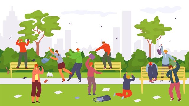 Teenagers bullying vector illustration. People bully group of cruelty pupils or student attack guy, girl in city park. Aggressors mock bullying victims, laugh, take away things, shoot videos.