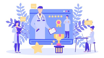 Doctor with best rating prize award vector illustration. Choosing top rated best doctor with highest five star scores reviews. Health care, medical clinic or hospital and people staff isolated banner.