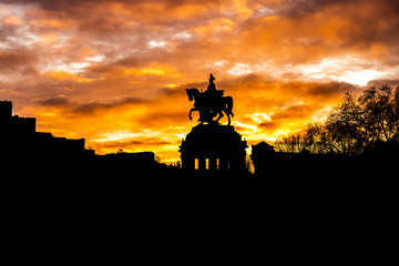 Colorful Sunrise burning sky Koblenz City historic monument German Corner where river rhine and mosele flow together