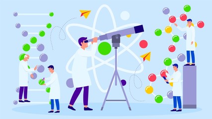 Scientists analyze data vector illustration. Group of scientists people works in team with professor in scientific astronomical, physical, chemical laboratory. Telescope and atom, molecule, dna.
