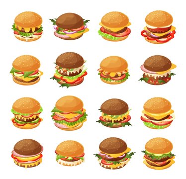 Isometric burger vector illustration set. 3d cartoon fresh different hamburgers with various bread, cutlets for fast food cafe menu, double or triple cheeseburger, fastfood icon set isolated on white