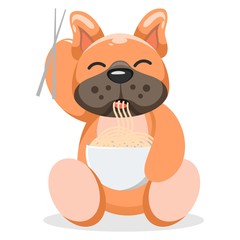 cute dog eat noodles cartoon vector