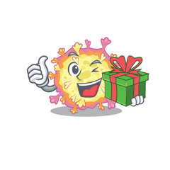 Fototapeta premium Smiley coronaviridae virus cartoon character having a gift box