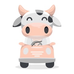cute cow driving car mascot cartoon