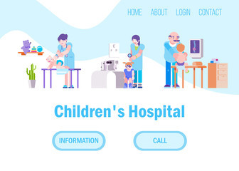 Doctors for children in hospital or medical clinic vector illustration set website. Different doctors baby masseur, ophthalmologist, osteopath working in kids hospital. Internet page banner.