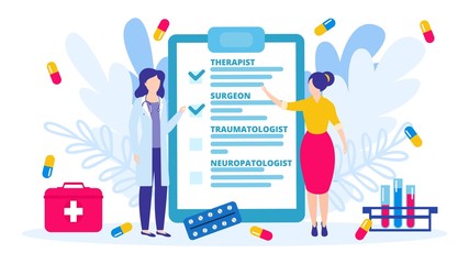 Patient chooses doctor at medical clinic, hospital vector illustration isolated banner. Doctor helps woman with choice of specialist therapist, surgeon. First aid, drugs, test tubes, clipboard.