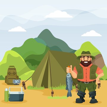 Fisherman stands holds caught fish on nature vector illustration. Cartoon character at outdoors fishing activity near tent. Backpack, echo sounder, lunchbox, thermos. Mountain, forest landscape.