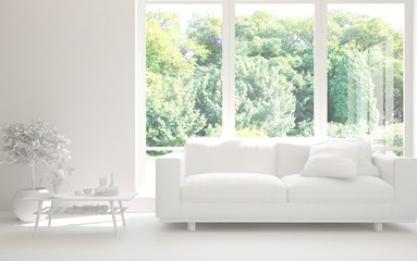 Mock up of stylish living room in grey color with sofa and green landscape in window. Scandinavian interior design. 3D illustration