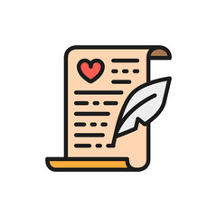 Wedding certificate, marriage contract flat color line icon.